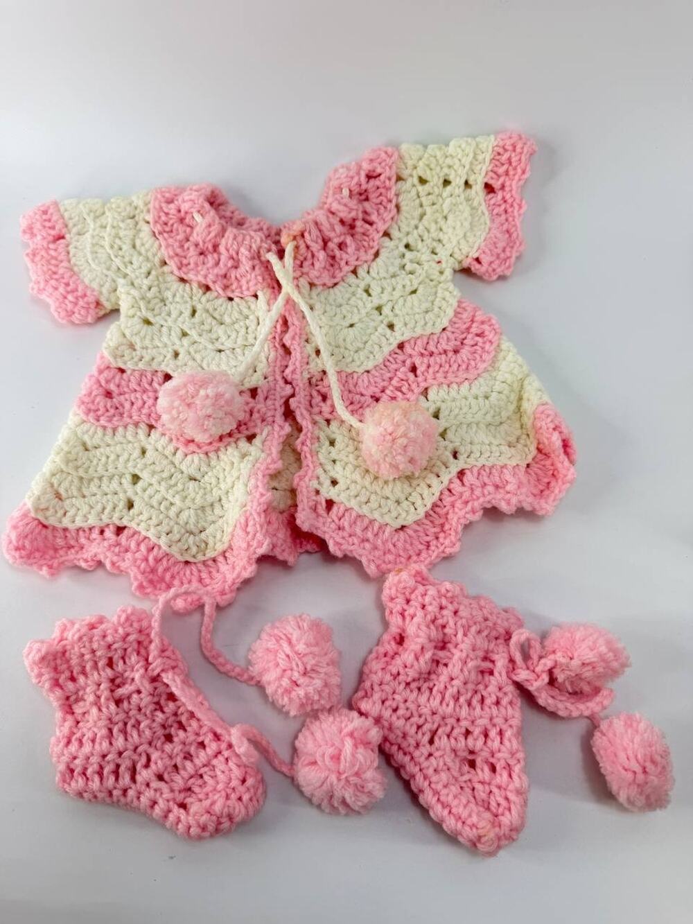Handmade Crochet Baby Outfit Set 6-12 Months Pink White (Sweater & Booties)